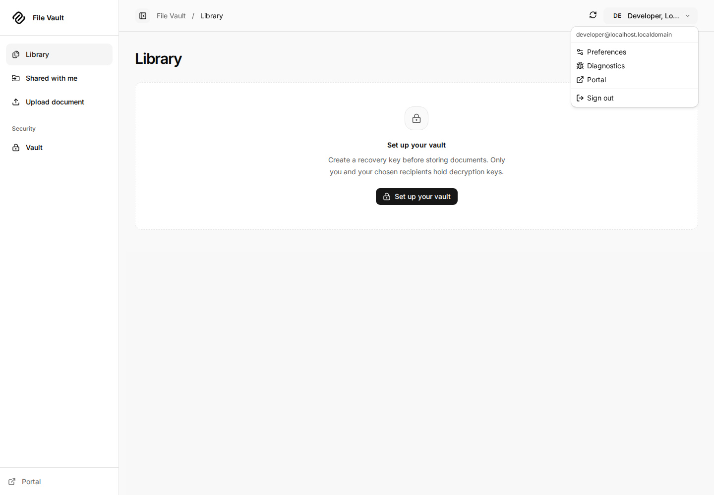 File Vault account menu offering Preferences, Diagnostics, Portal, and Sign out.