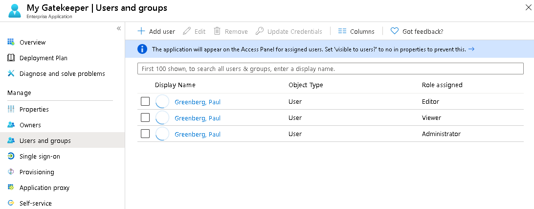 Azure AD App - Users and Groups - Add User
