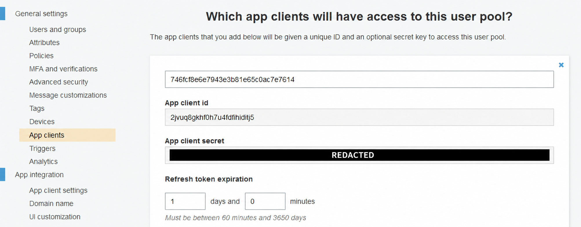 Historical app-client detail view with the secret redacted for publication; keep your actual secret private.