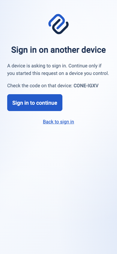 Approving browser displays the matching code before its Sign in to continue button