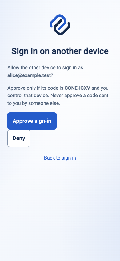 Approving browser asks whether to sign the other device in as alice@example.test and shows the same matching code with Approve and Deny buttons