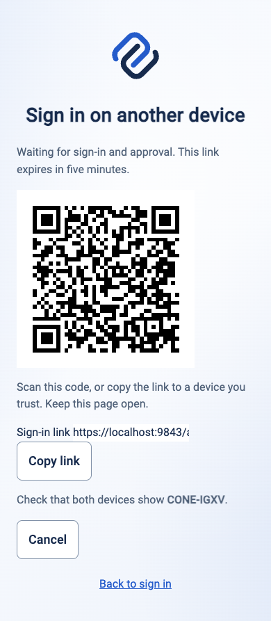 Requesting browser shows a QR code, activation link, matching code, and Cancel button while waiting for approval