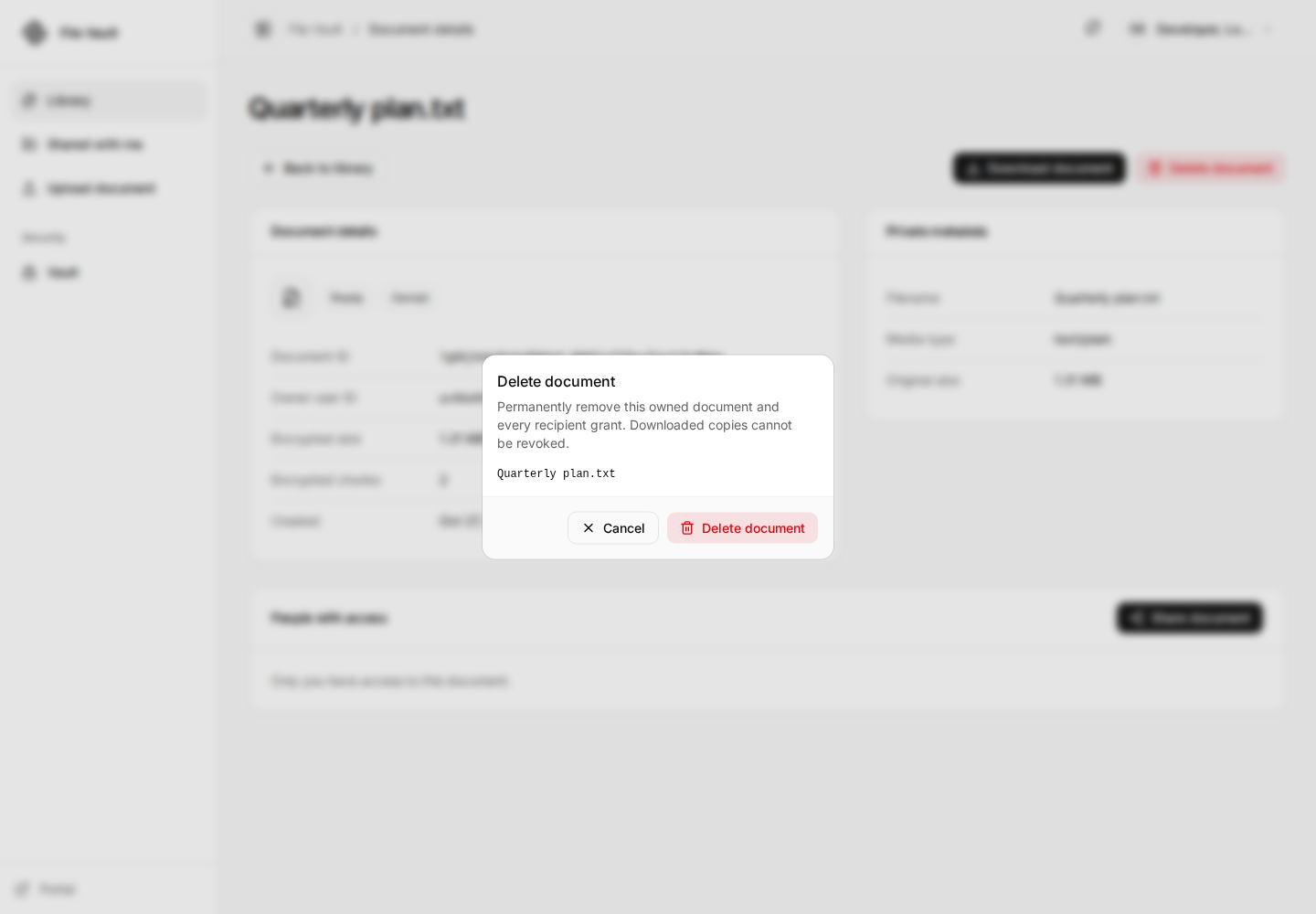 Delete document confirmation explaining permanent removal of the owner's encrypted file.