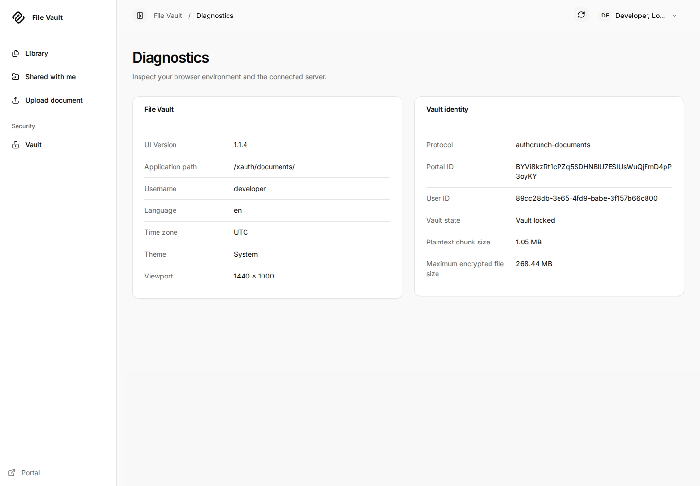 File Vault Diagnostics with UI v1.1.4, the /xauth/documents/ app path, vault identity and server limits.