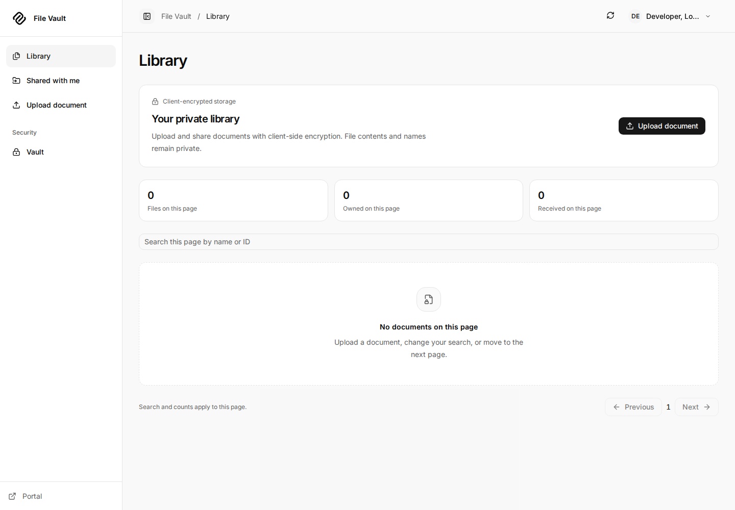 Library after deletion with zero files on this page.