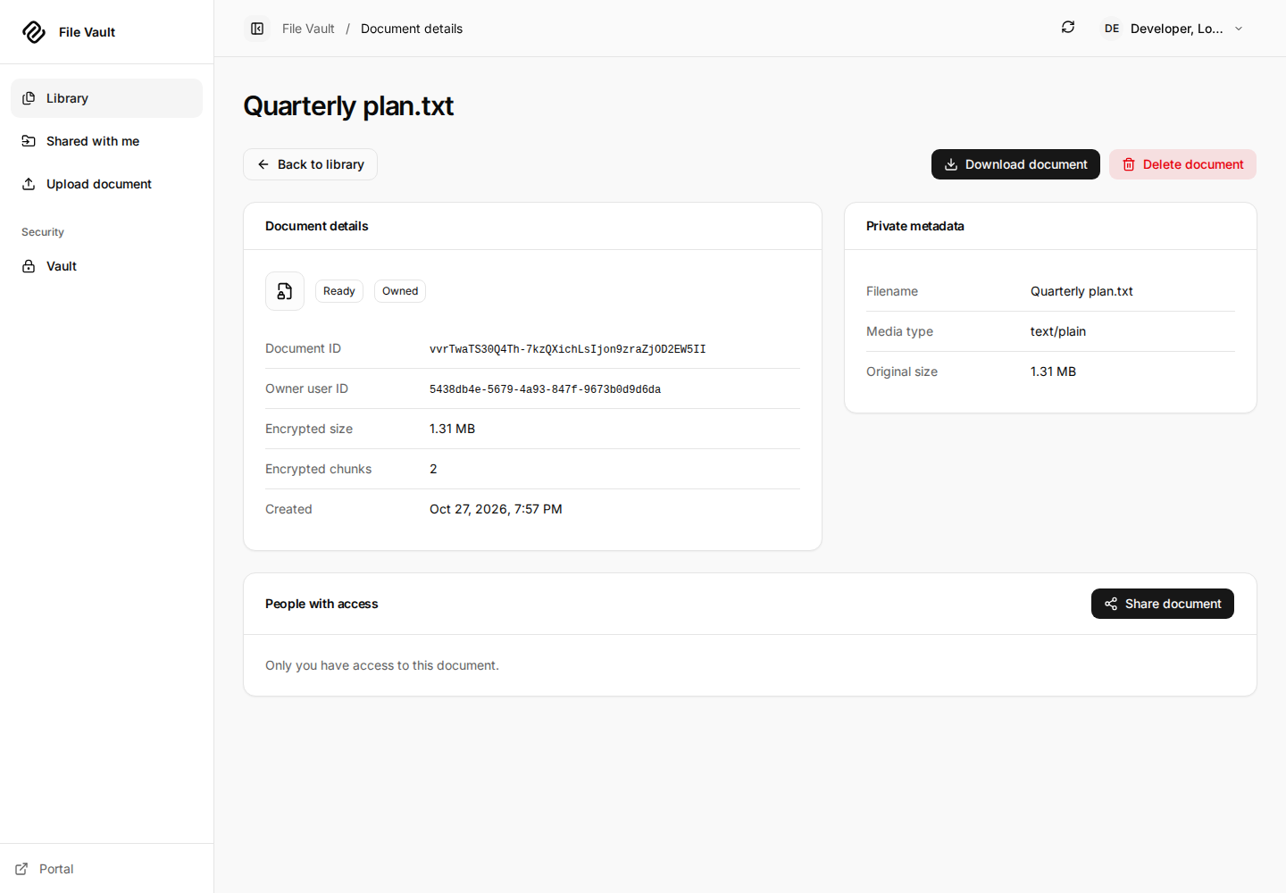 Document details for Quarterly plan.txt showing Ready and Owned status, encrypted size and chunks, decrypted filename, and Download document.