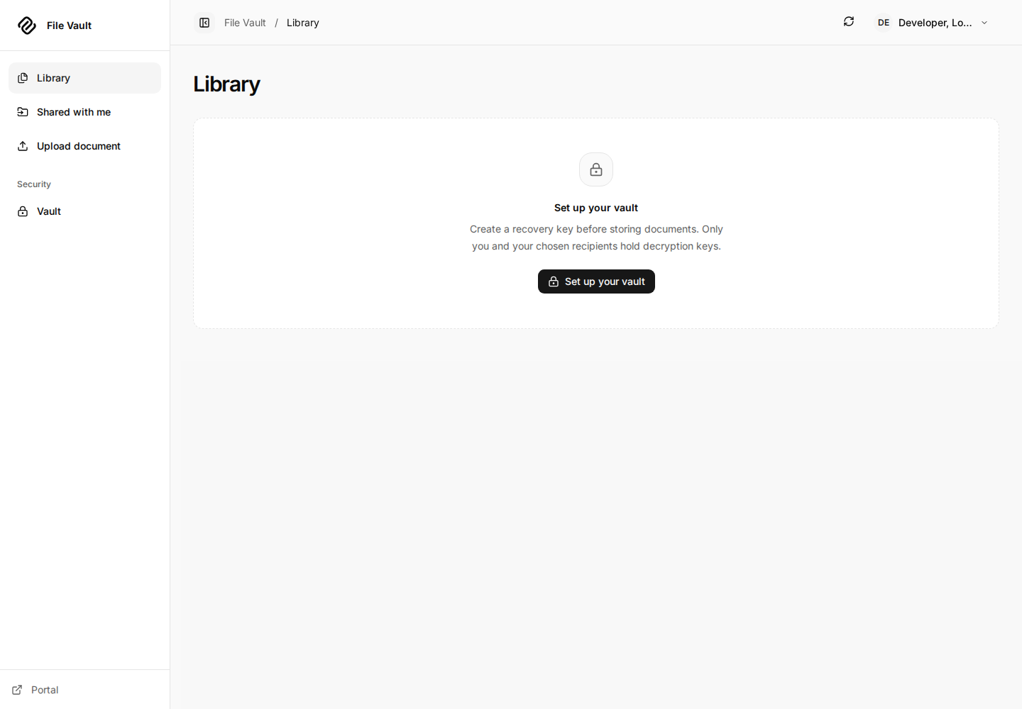First File Vault visit showing Set up your vault and the Library, Shared with me, Upload document, and Vault navigation.