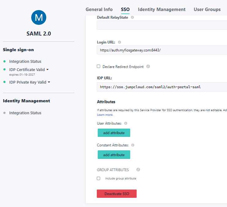 Jumpcloud SAML App Registration - SSO Configuration