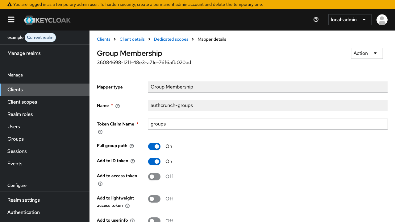 Keycloak 26.7.4 Group Membership mapper with full group path and ID token enabled
