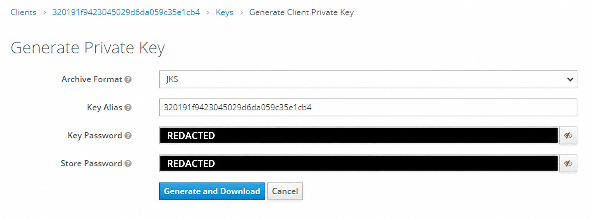 Earlier Keycloak Generate Private Key form with both passwords redacted
