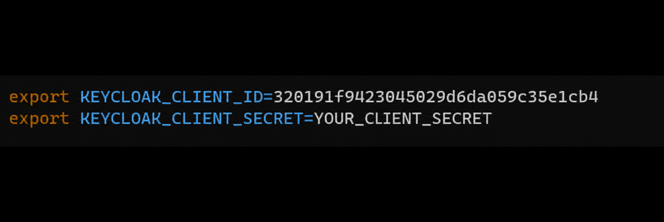 Environment exports for KEYCLOAK_CLIENT_ID and a placeholder KEYCLOAK_CLIENT_SECRET