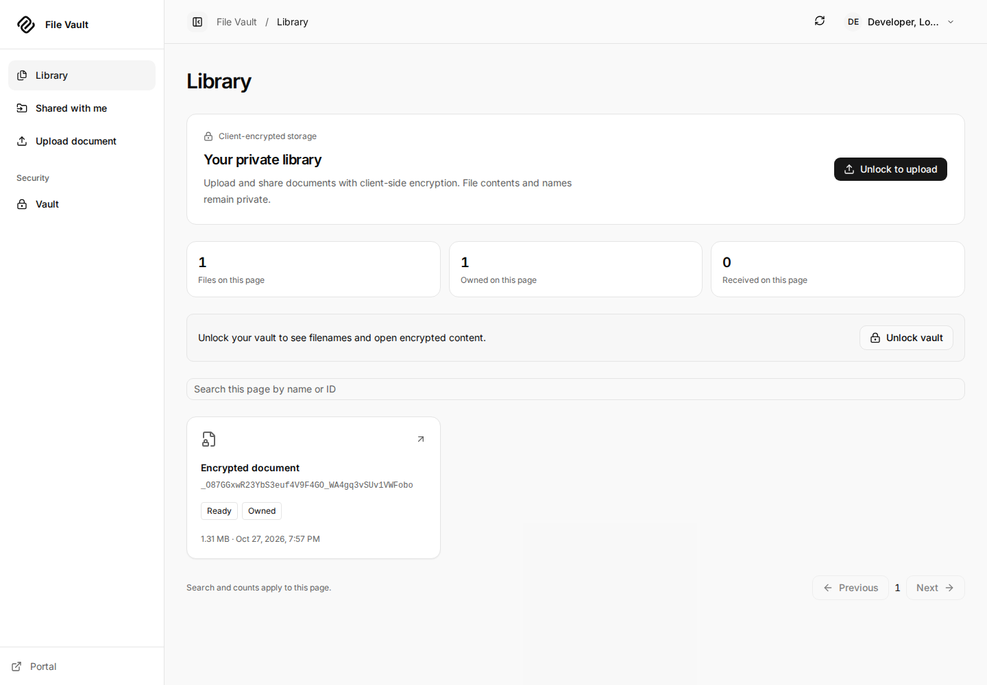 Library after a reload, showing an encrypted document placeholder and Unlock vault instead of a private filename.