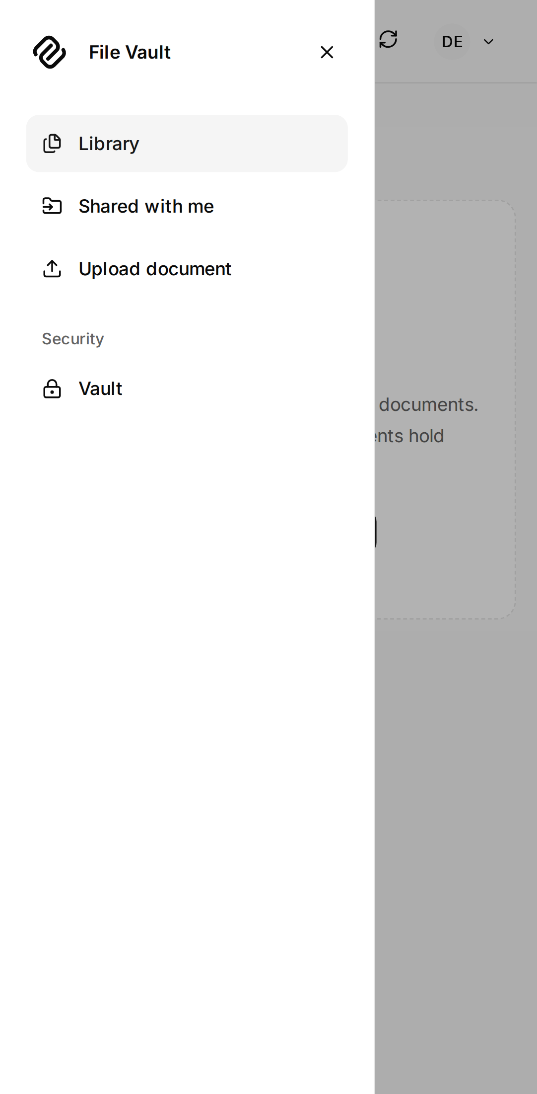 File Vault on a phone with its navigation drawer open.