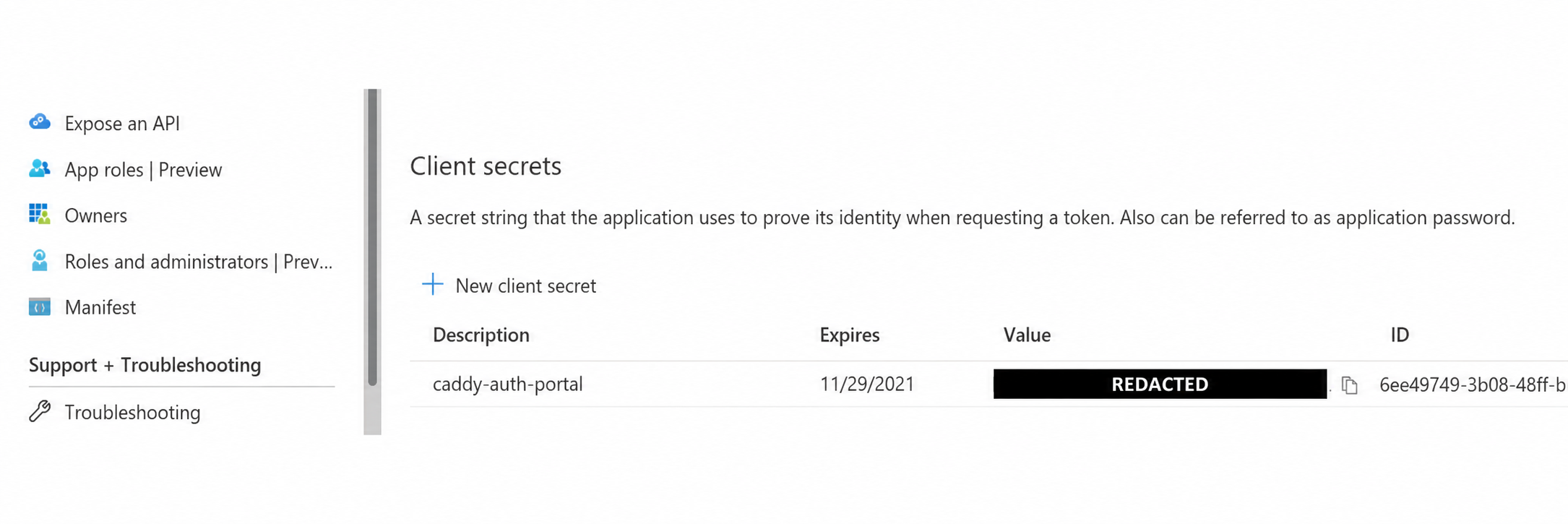 Microsoft client secret row with Value redacted and ID column visible