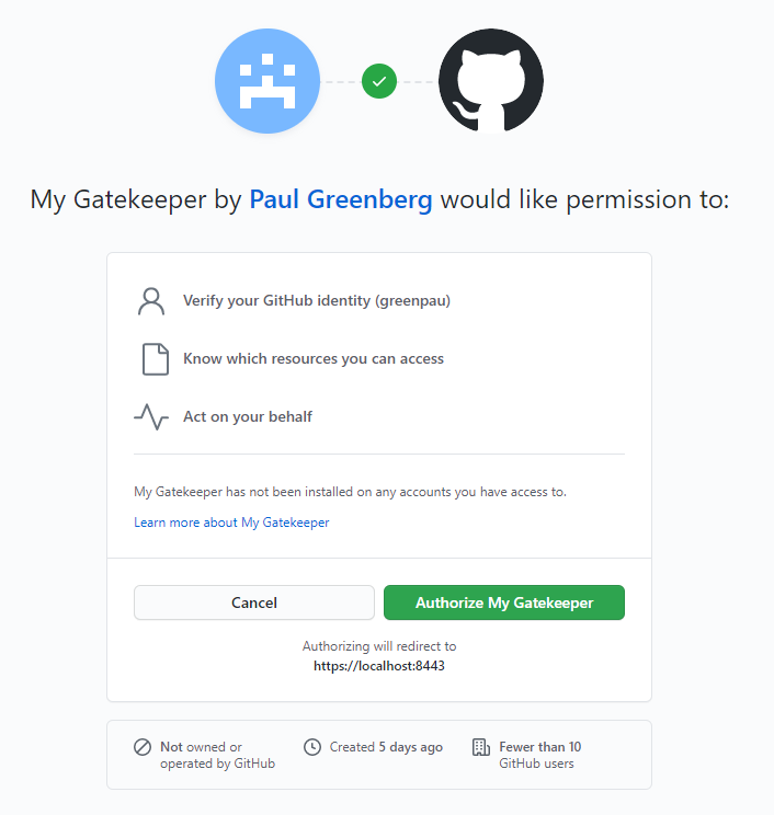 Settings - Developer settings - GitHub Apps - My Gatekeeper - Accept Terms Screen