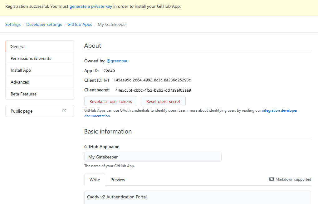 Settings - Developer settings - GitHub Apps - My Gatekeeper