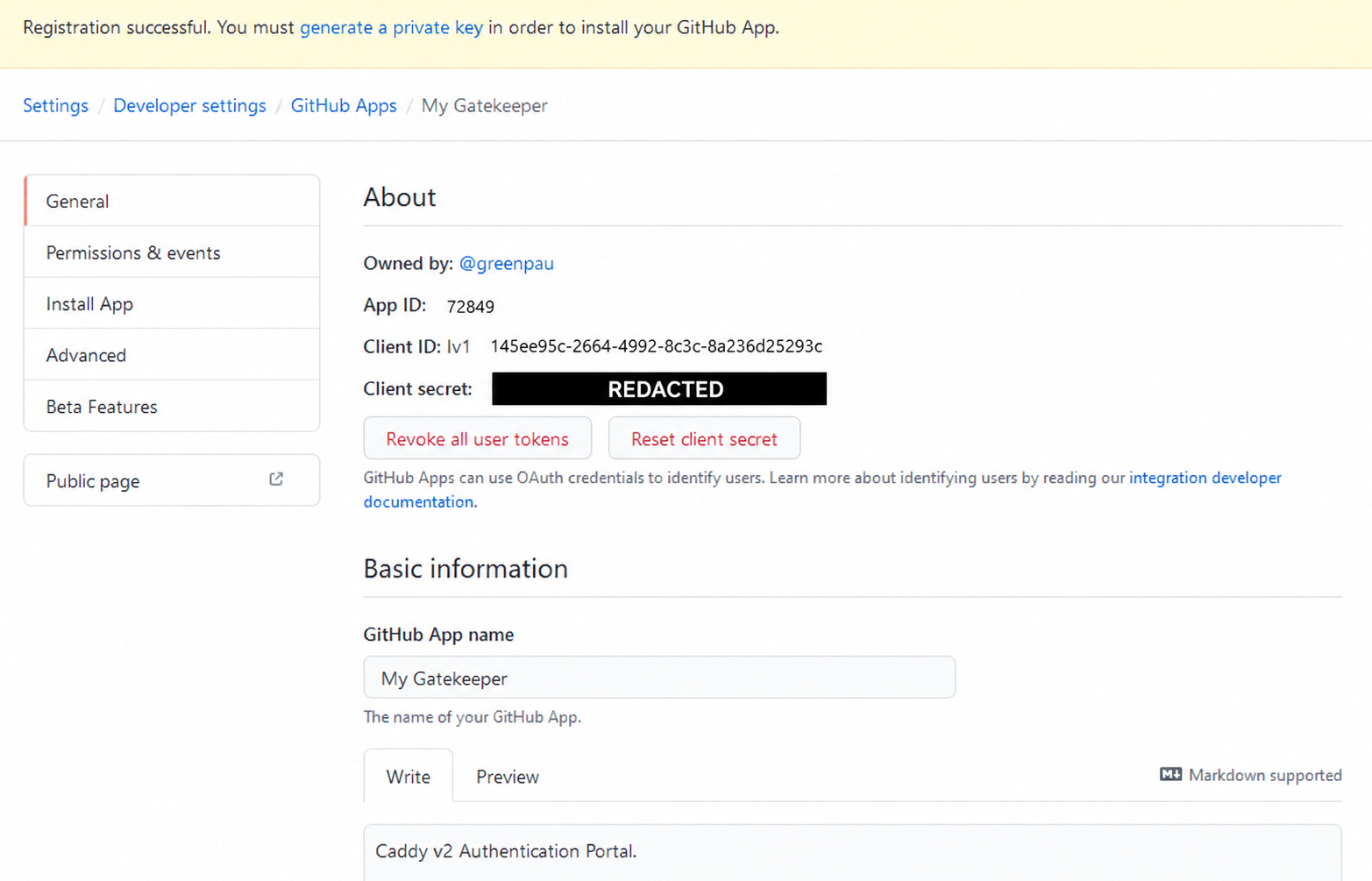 Earlier GitHub App settings with client secret redacted