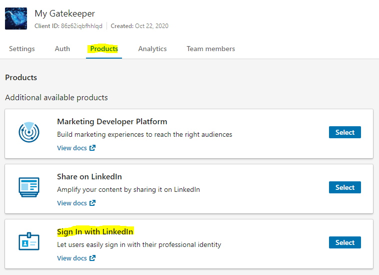 LinkedIn Developers - Products Screen