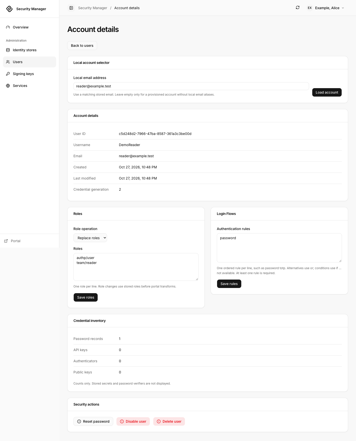 DemoReader account details with authp/user and team/reader roles and a password authentication rule.