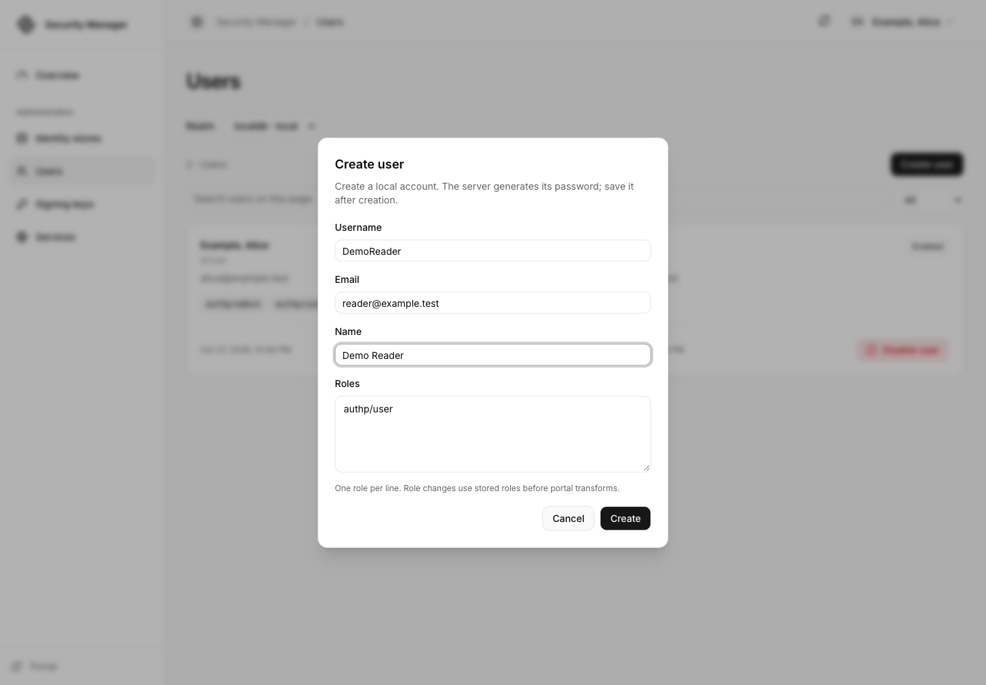 Create user dialog filled with the synthetic DemoReader account details.