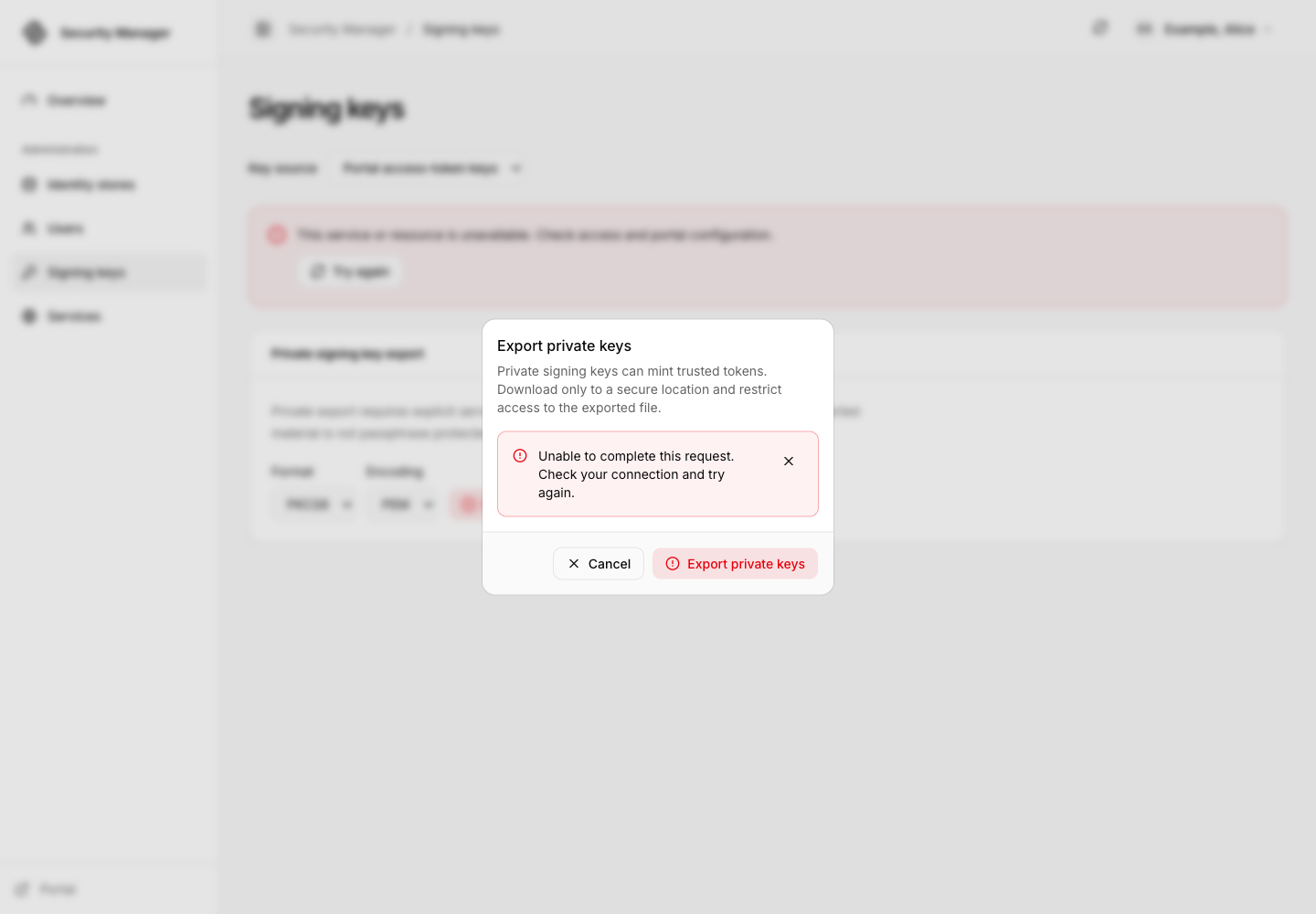 Private signing-key export confirmation displaying the server's denial because export is not enabled.