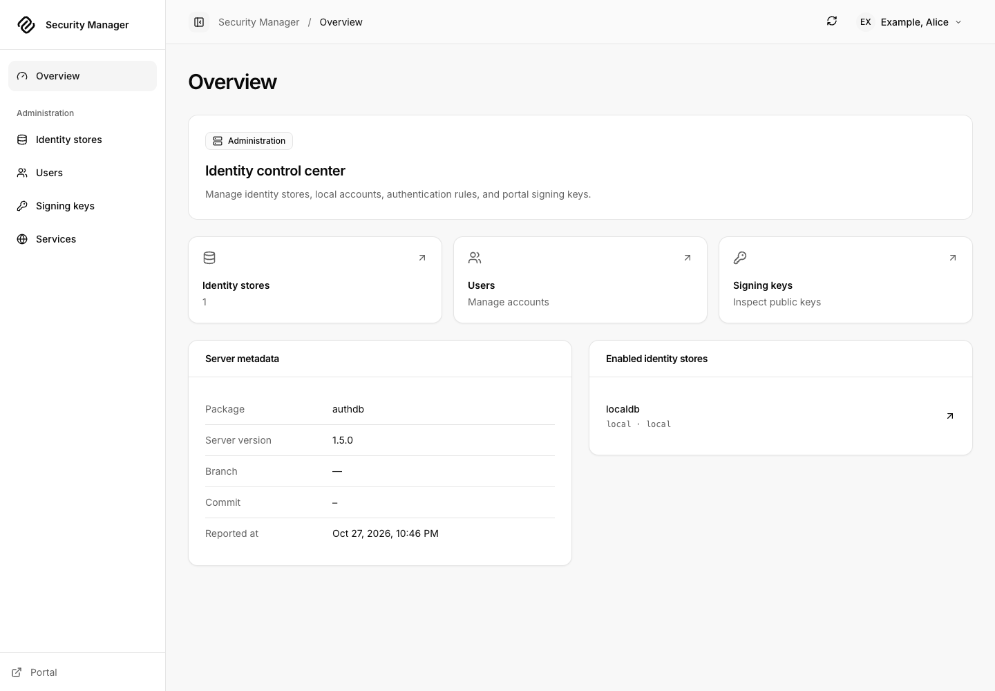 Security Manager overview showing server metadata and the configured local identity store.