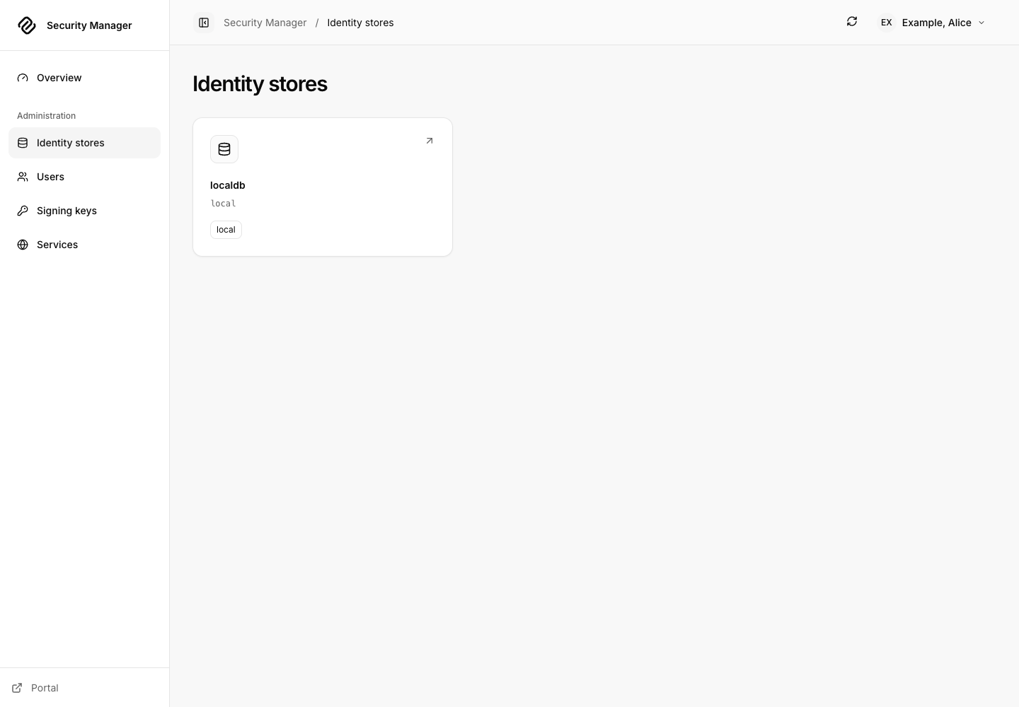 Identity stores listing the local realm available to the administrator.