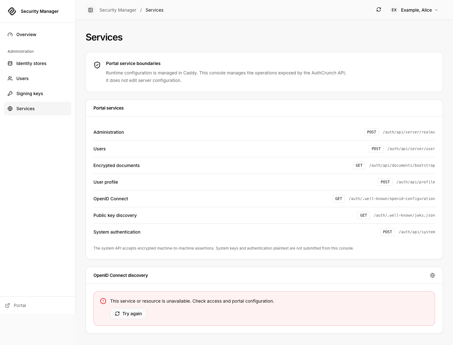Services page describing integrations and the Caddy-owned runtime configuration boundary.