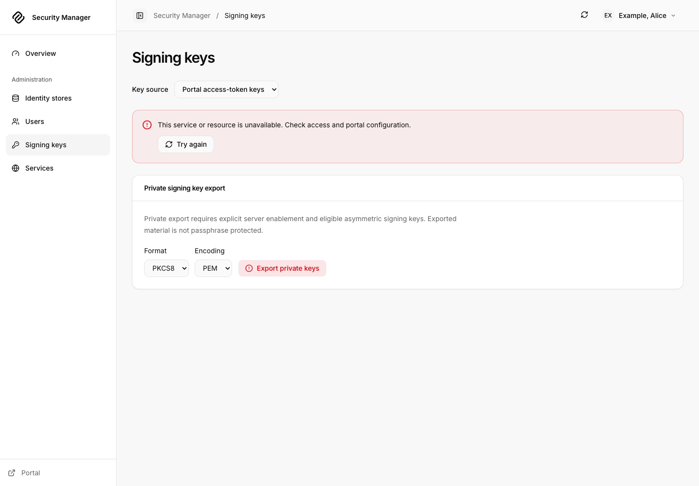 Signing keys page with a public key source selector and a separate private export action.