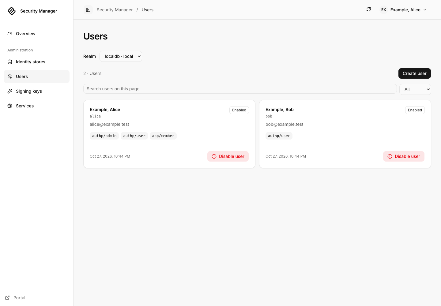 Security Manager Users page listing local accounts and the Create user action.