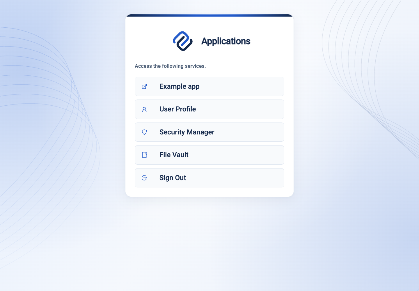 Applications page offering User Profile, Security Manager, and File Vault to the local demonstration administrator.