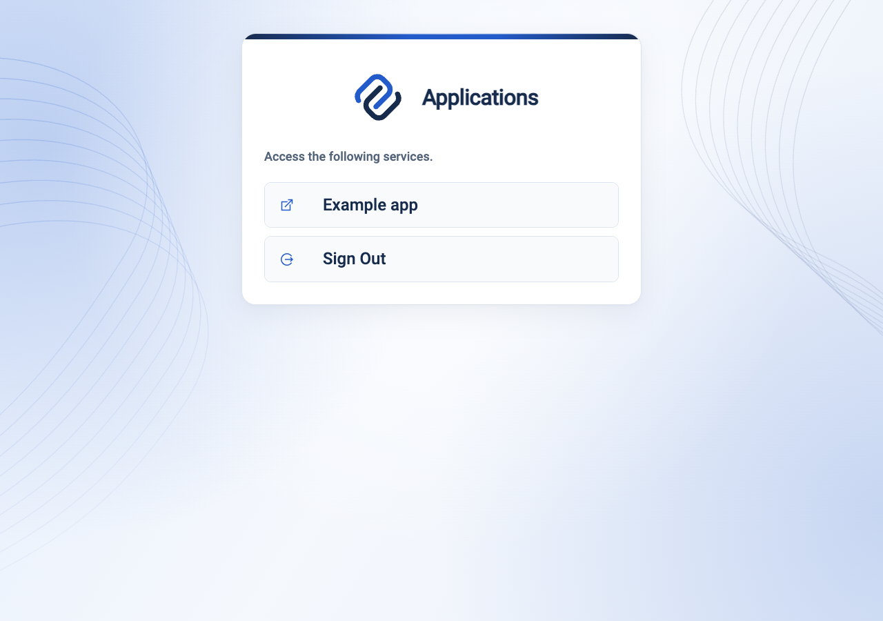 Current Applications page with Example app and Sign Out links.