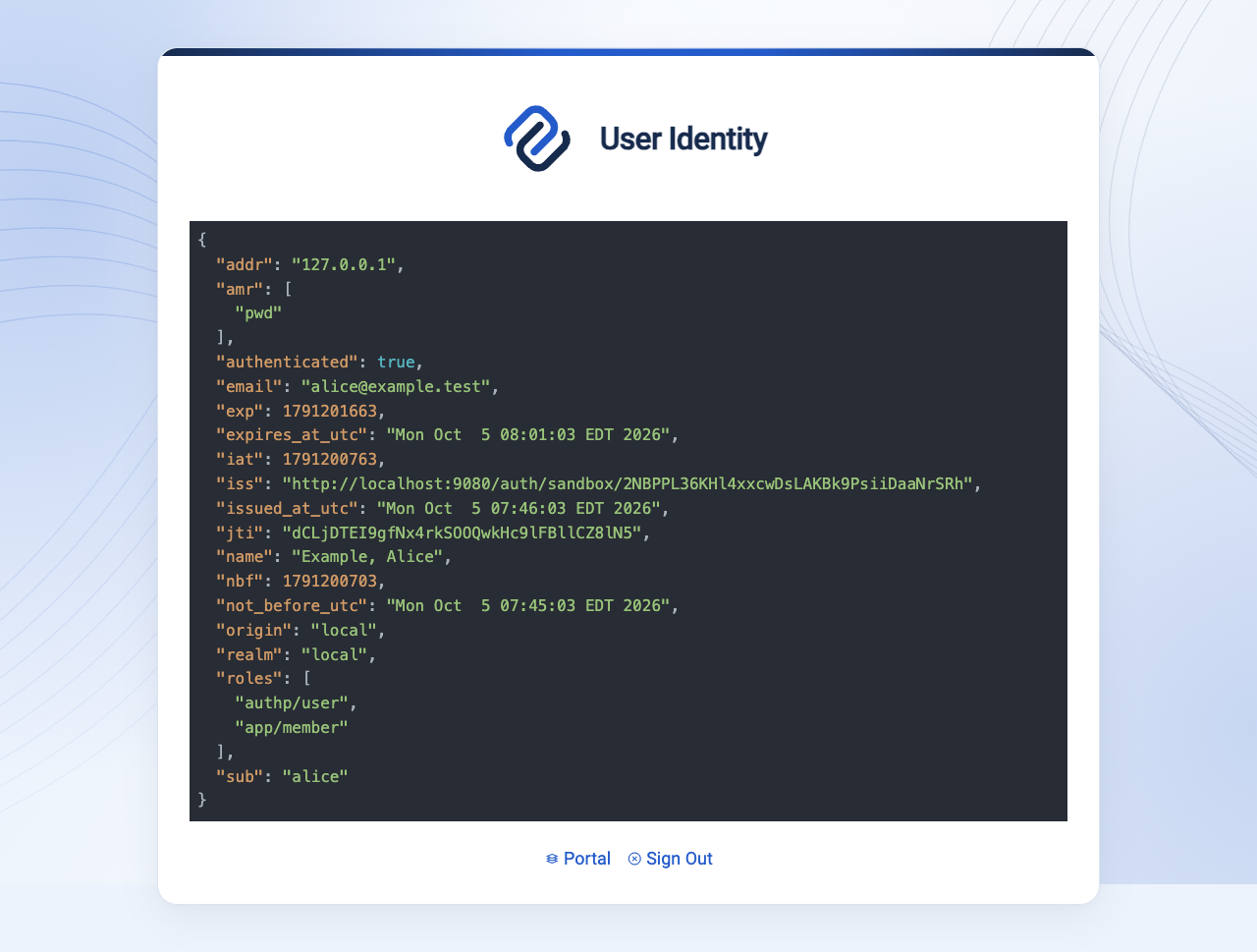 Current identity view for Alice showing her local realm and app/member role.