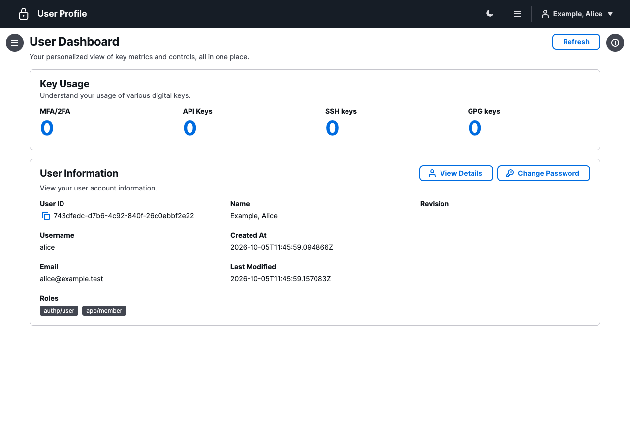 Current local dashboard with key counts, user information, roles, and Change Password.