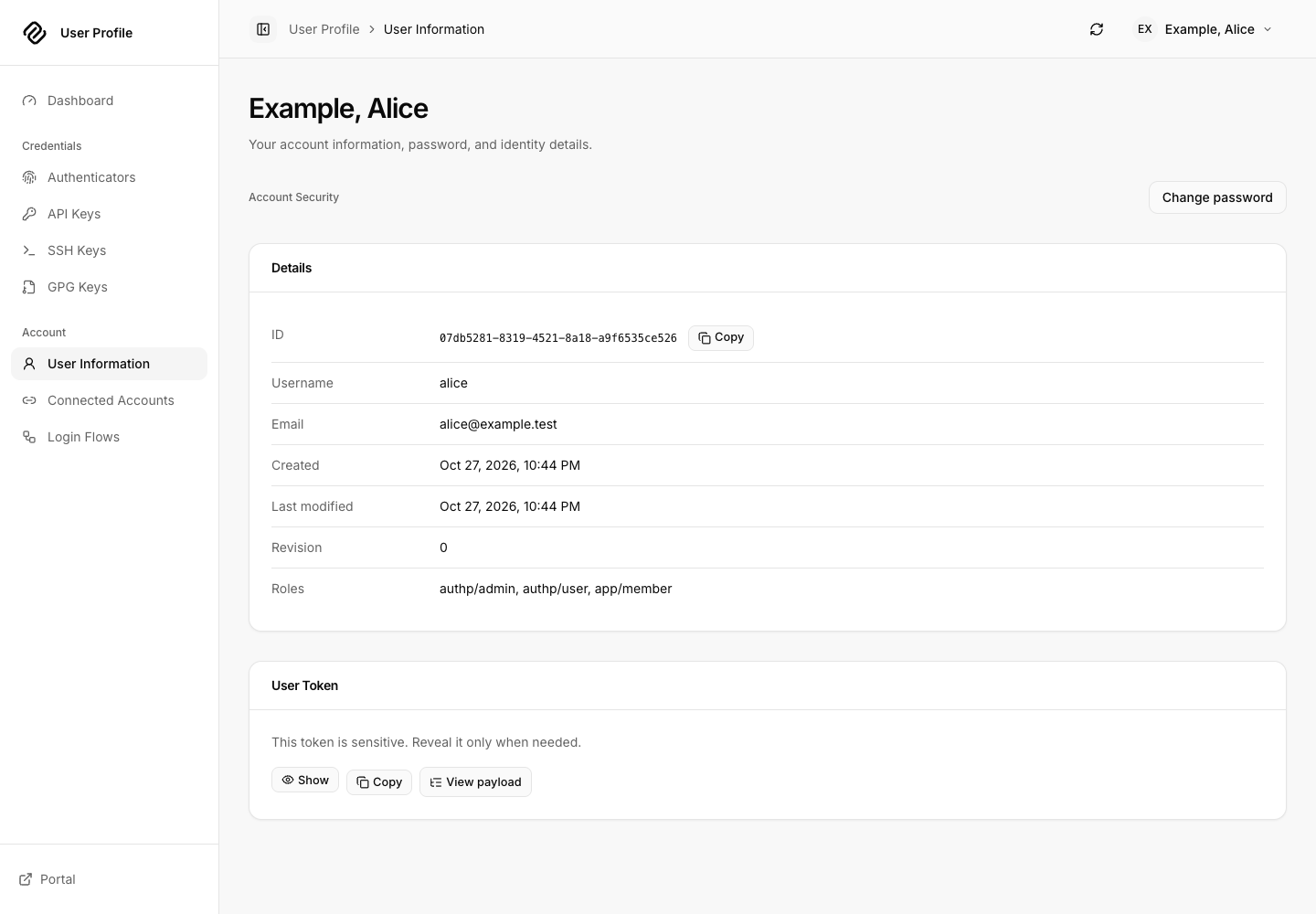 User Information page for the local Alice account with token inspection controls.