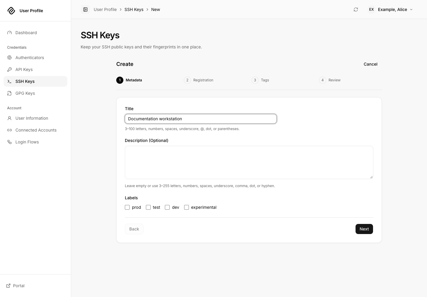 Create SSH Key wizard showing its first credential details step.