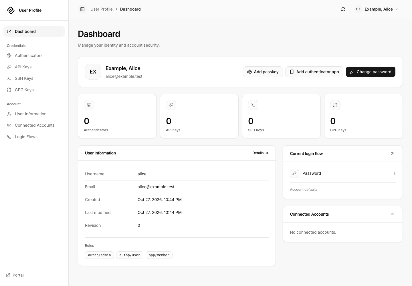 User Profile dashboard showing the local Alice account and credential shortcuts.