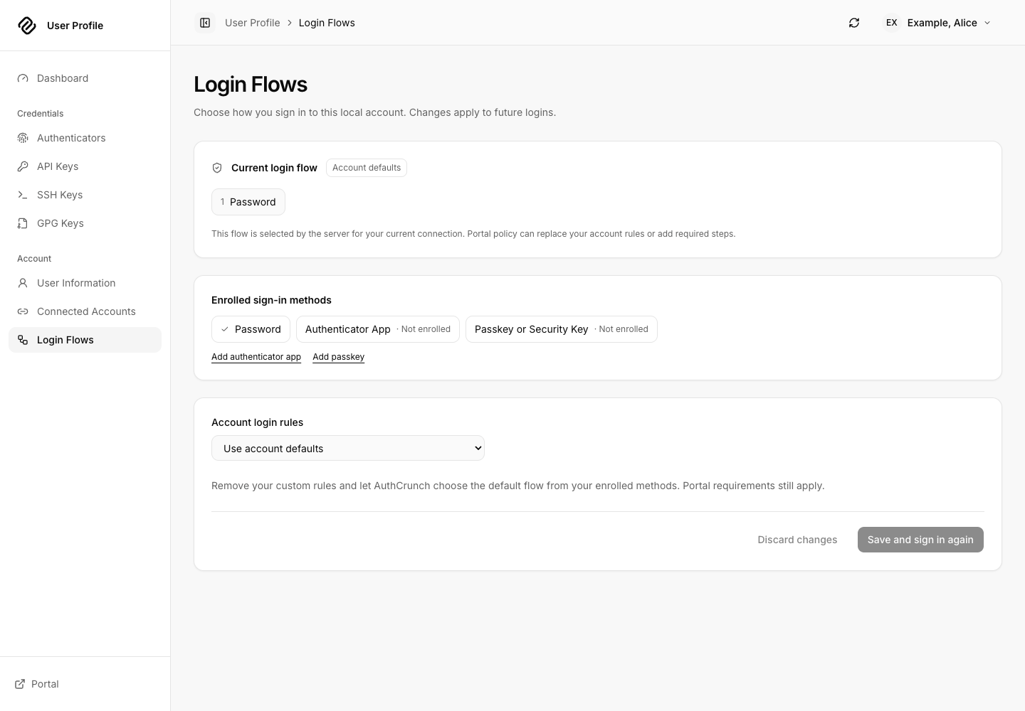 Login Flows showing account login rule selection and effective authentication policy.