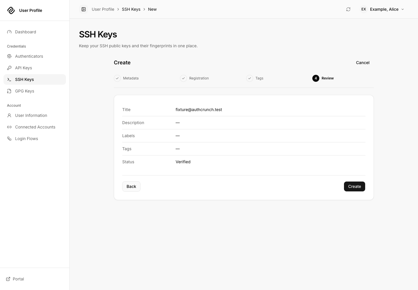Final SSH key review before the Create action.