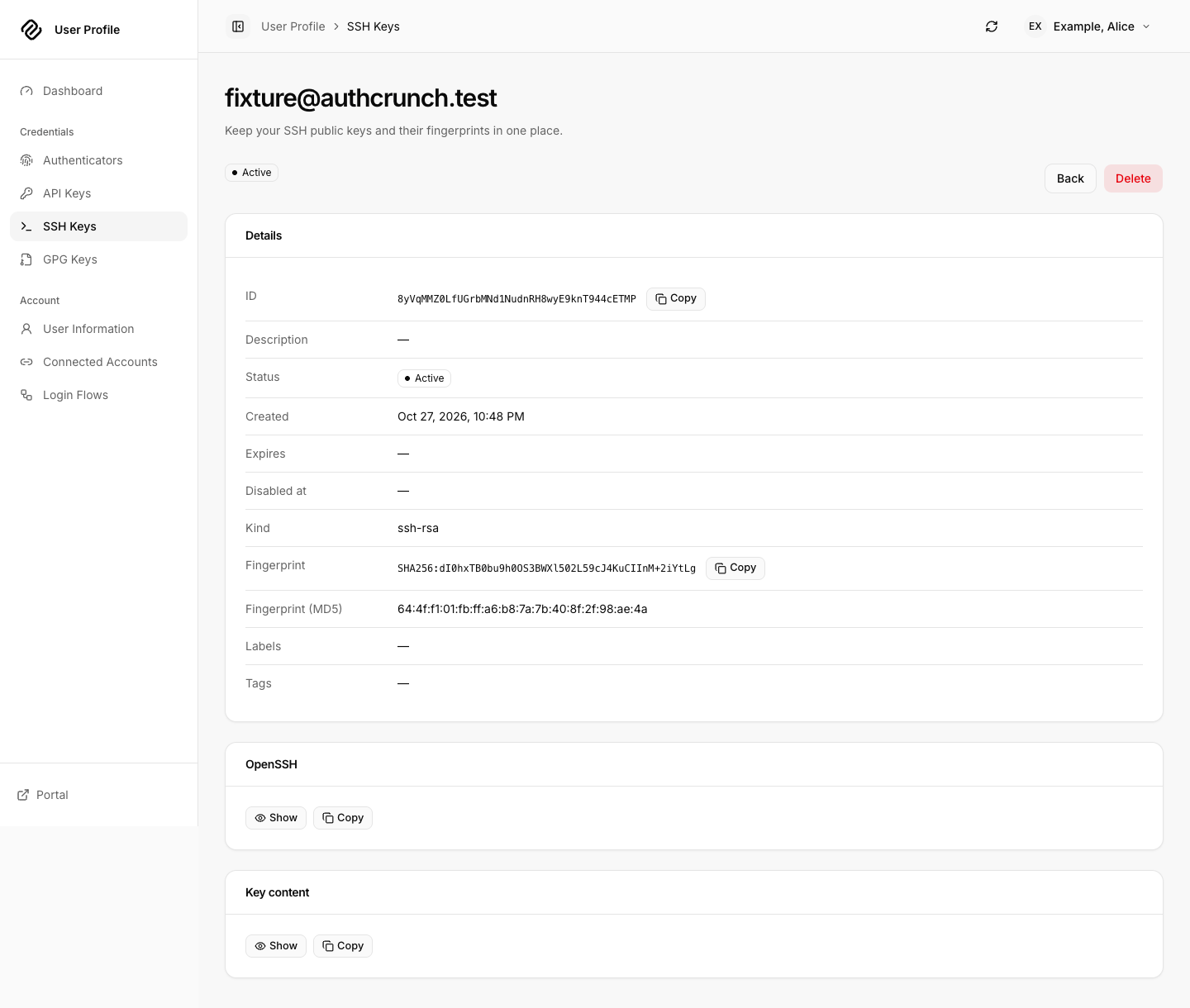 Saved fixture SSH public key with its fingerprint and credential details.