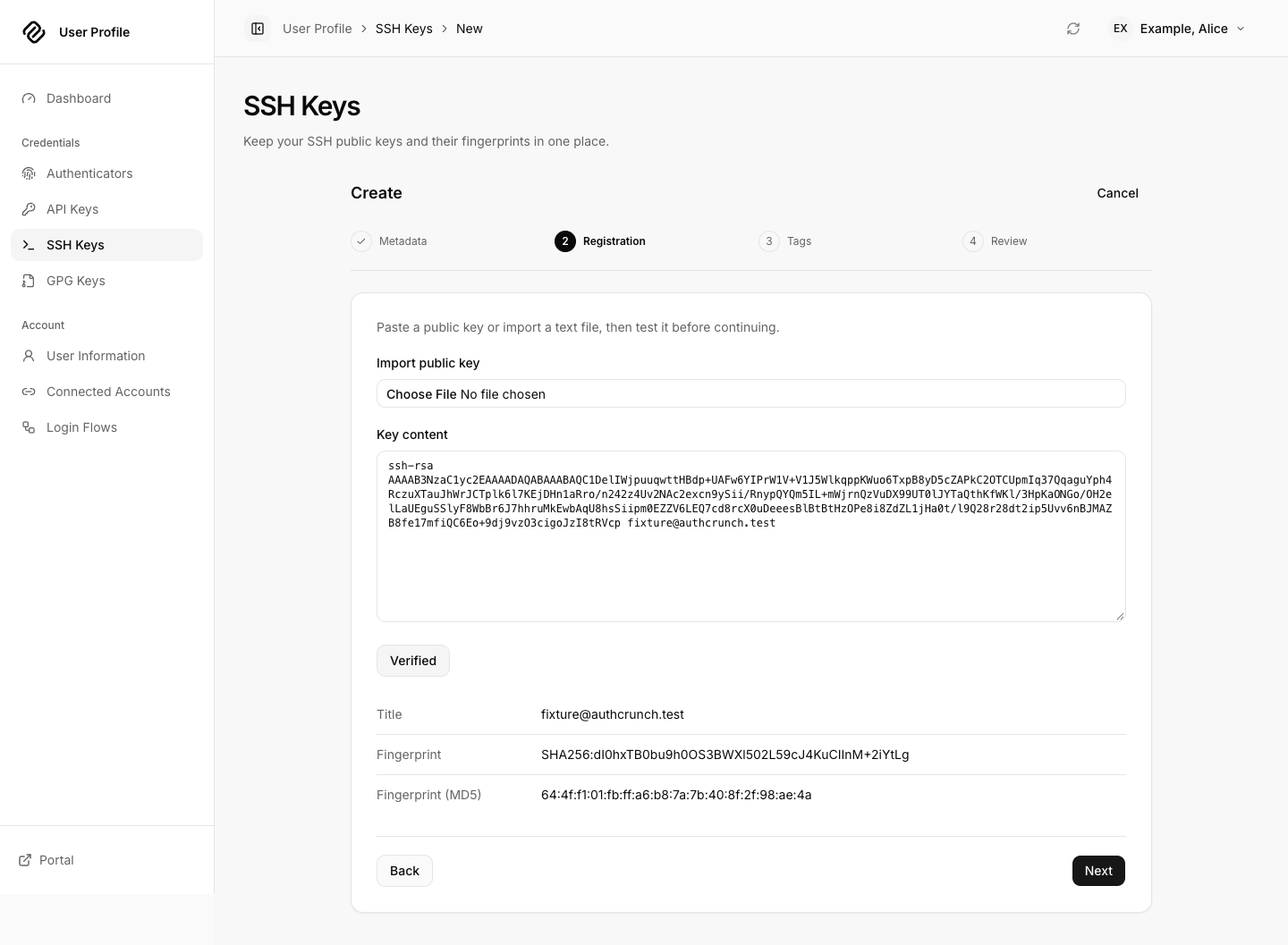 SSH public key creation after the Test action has verified the pasted key.