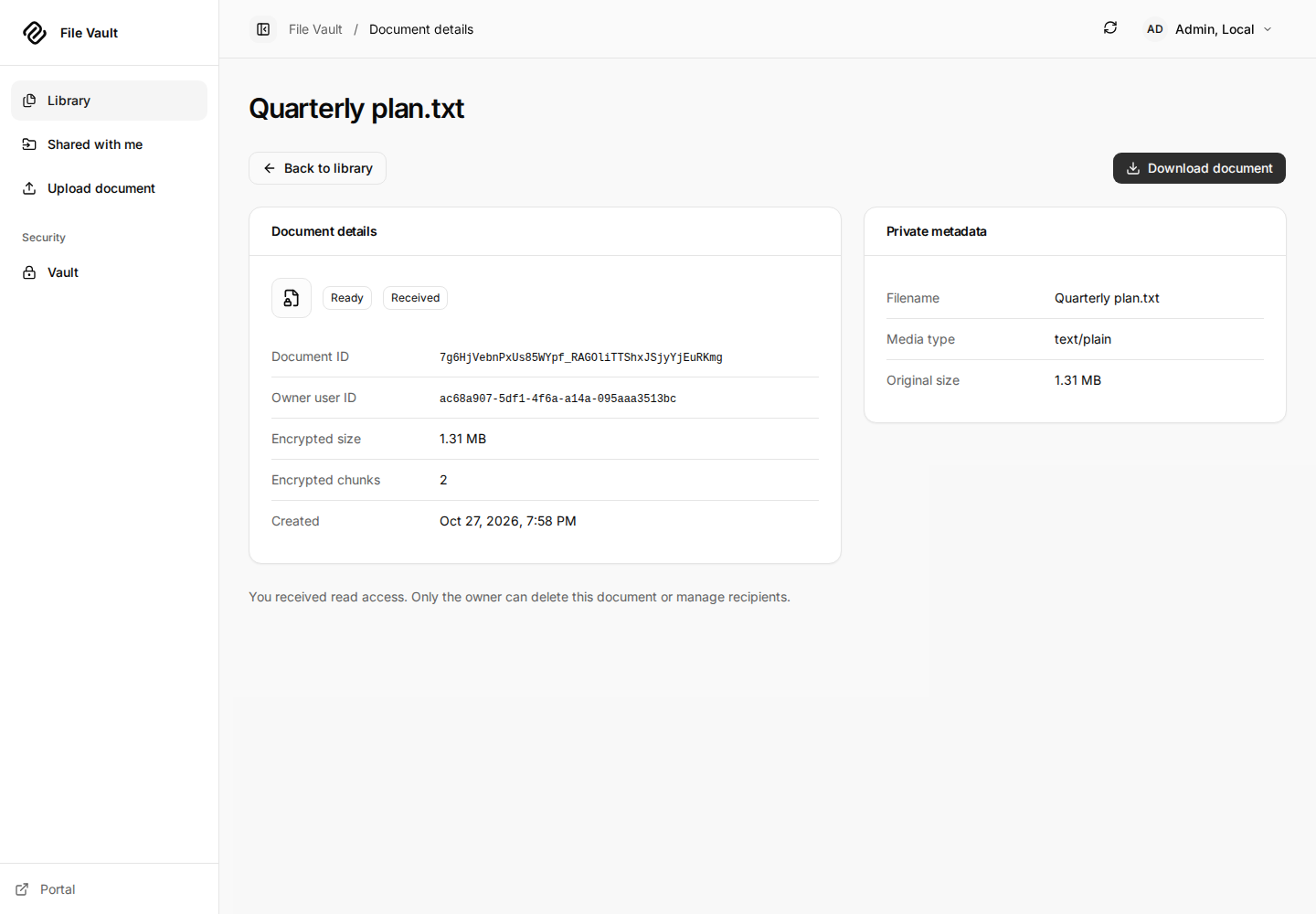 Recipient view of Quarterly plan.txt with Received status and Download document, without owner share or delete controls.