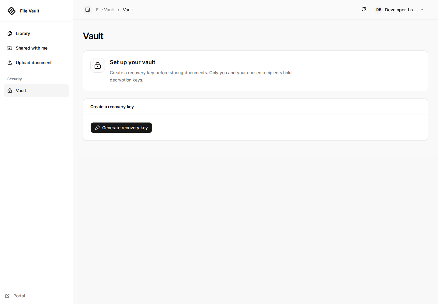 Vault after reset showing Set up your vault and Generate recovery key.