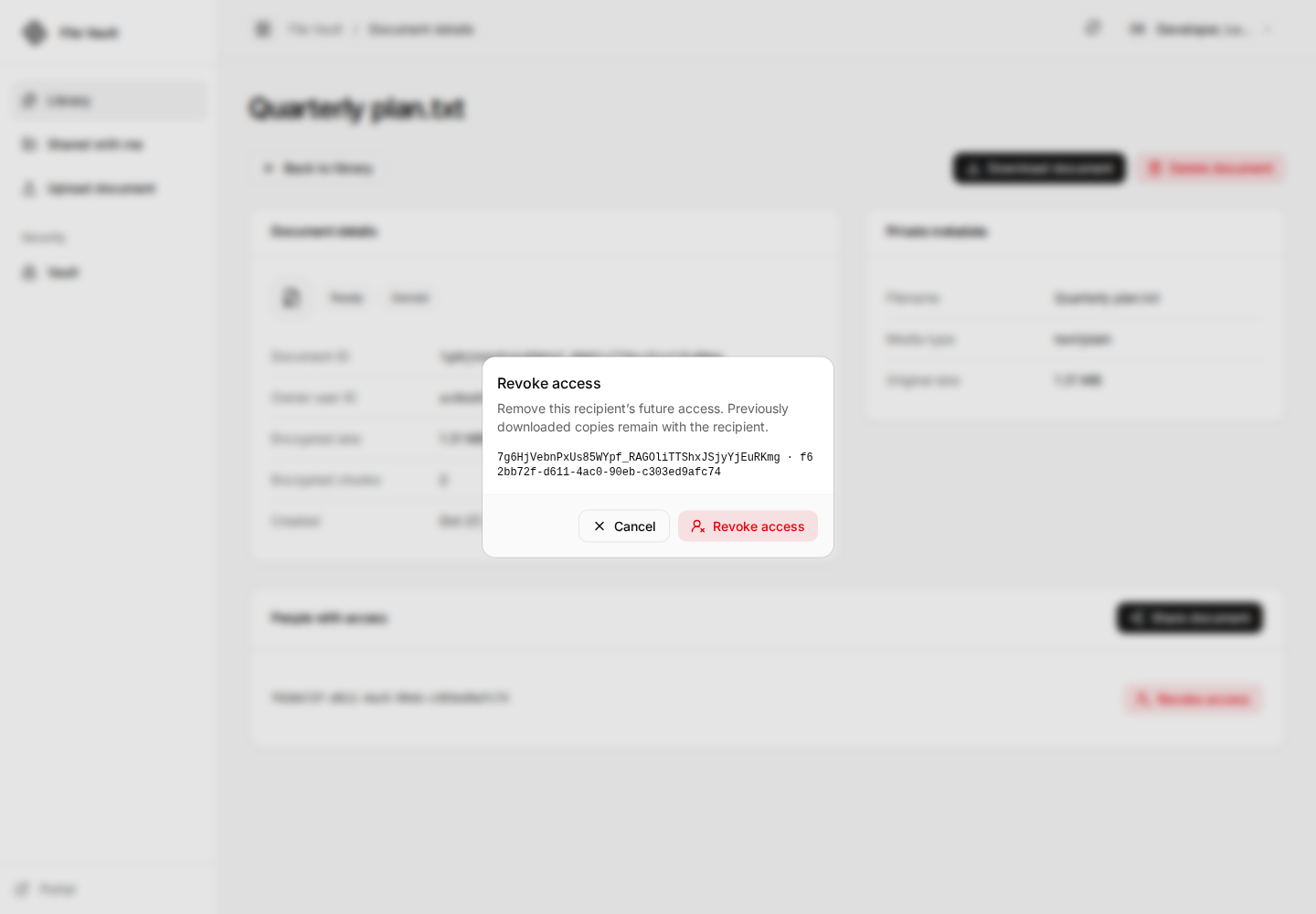 Revoke access confirmation identifying the recipient and explaining the limits of revocation.