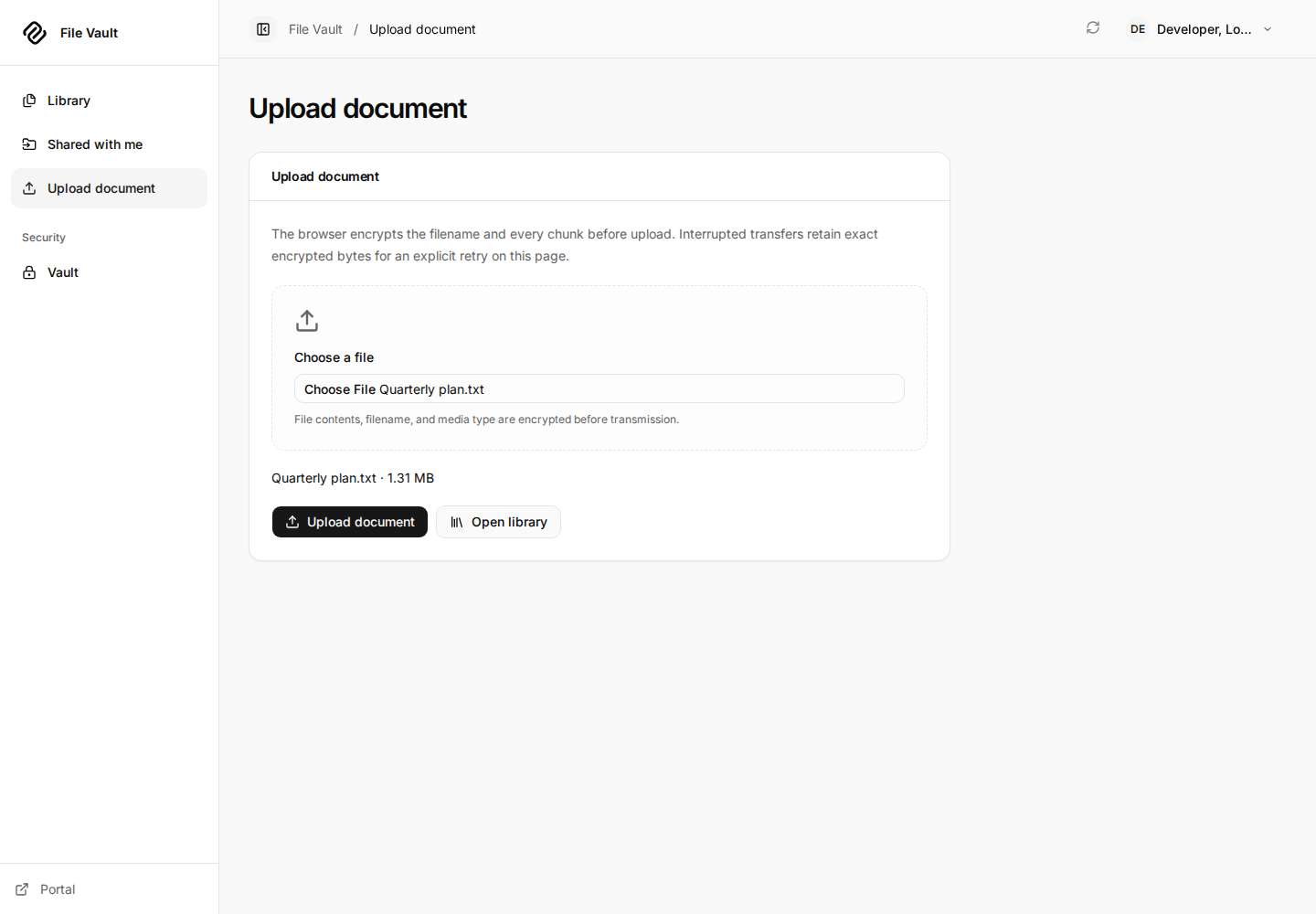 Upload document page with Quarterly plan.txt selected and its local size displayed before encryption.