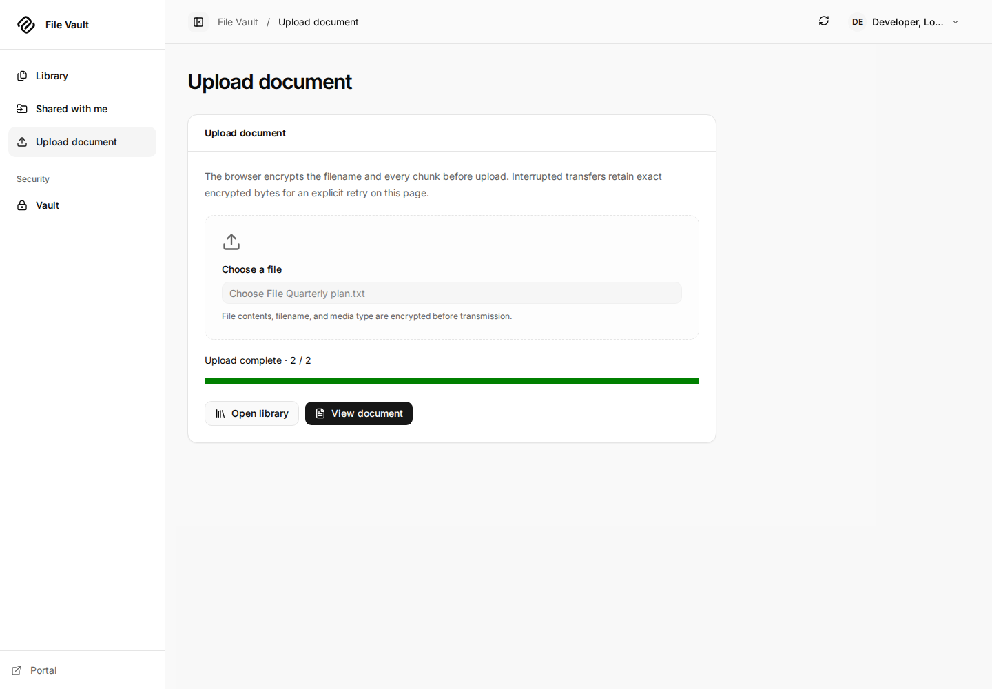 Completed encrypted upload showing two of two chunks transferred and View document.