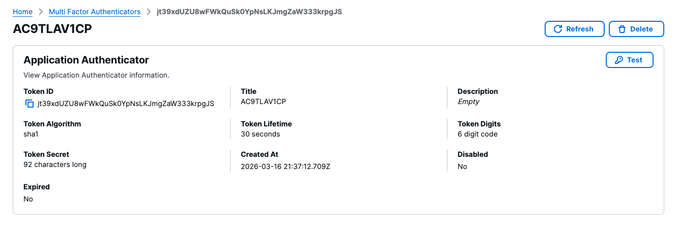 Application authenticator details and Test button