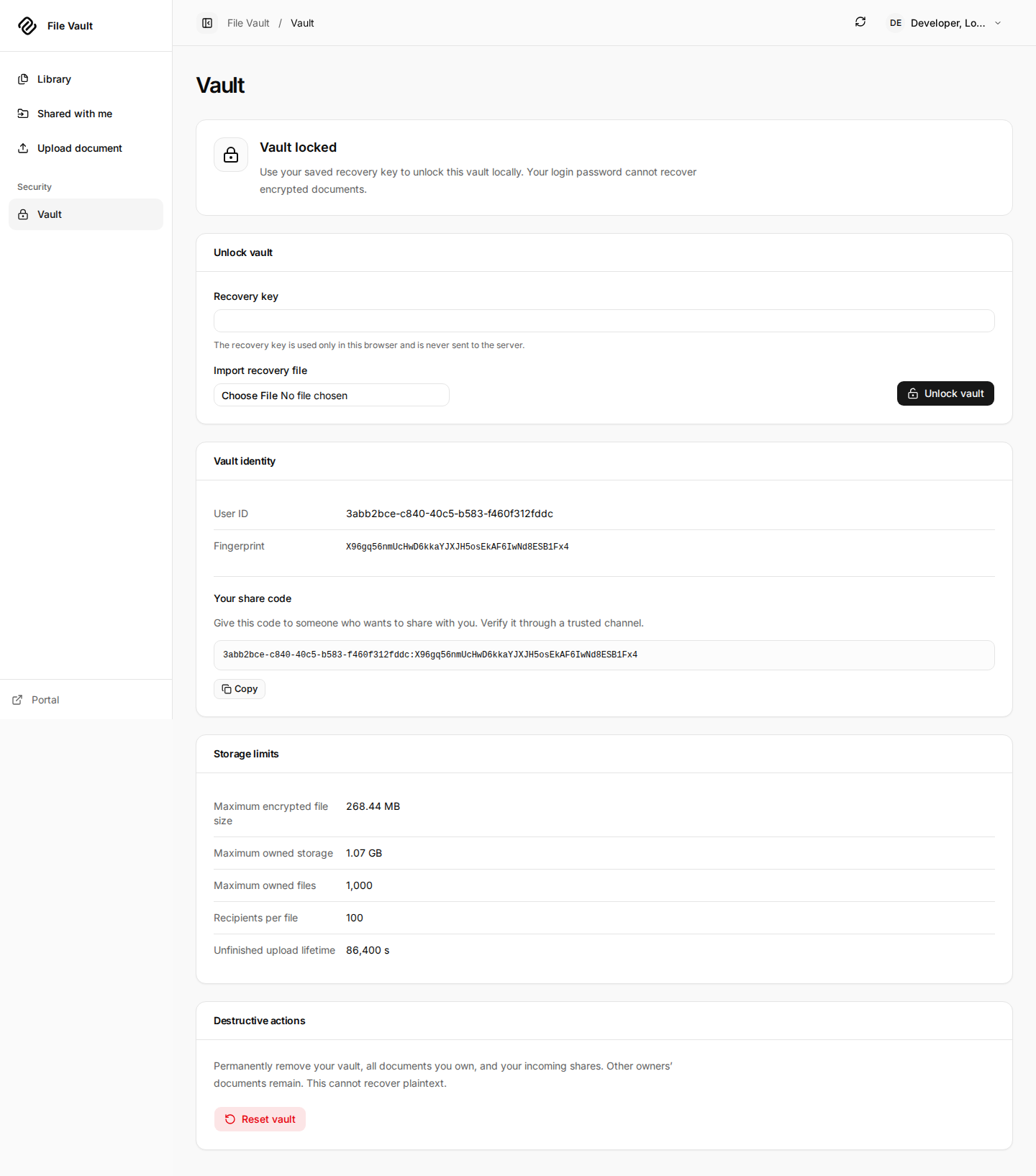 Locked Vault page with a protected Recovery key input, Import recovery file, and Unlock vault.