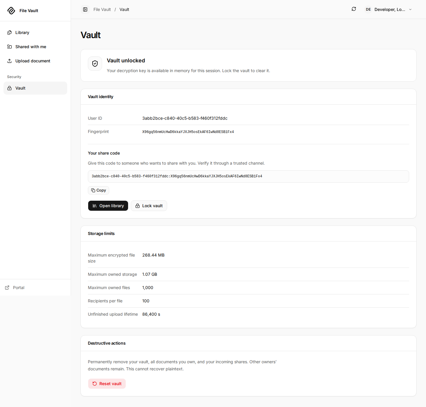 Unlocked Vault page with user ID, public fingerprint, share code, Lock vault, storage limits, and destructive actions.