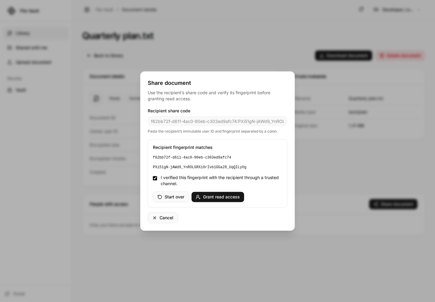 Share document dialog with the verified recipient UUID and fingerprint, independent-verification acknowledgement, and Grant access.